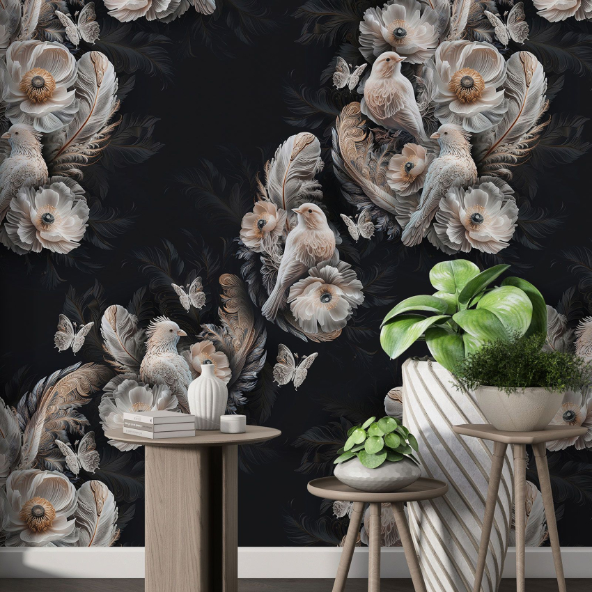 Papier peint motif XL - Fleurs Oiseaux