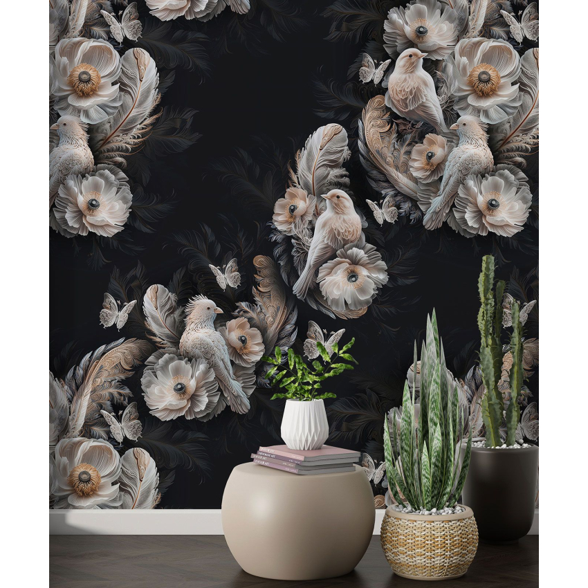 Papier peint motif XL - Fleurs Oiseaux