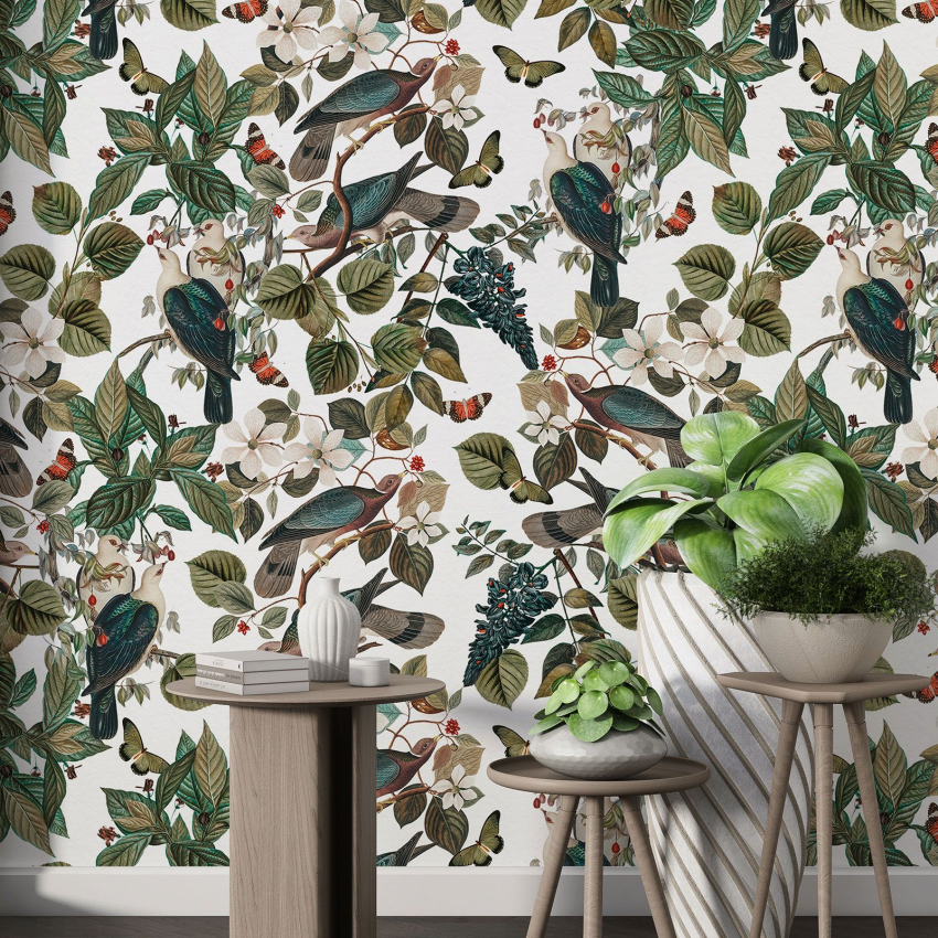 Papier peint motif XL - Fleurs Oiseaux