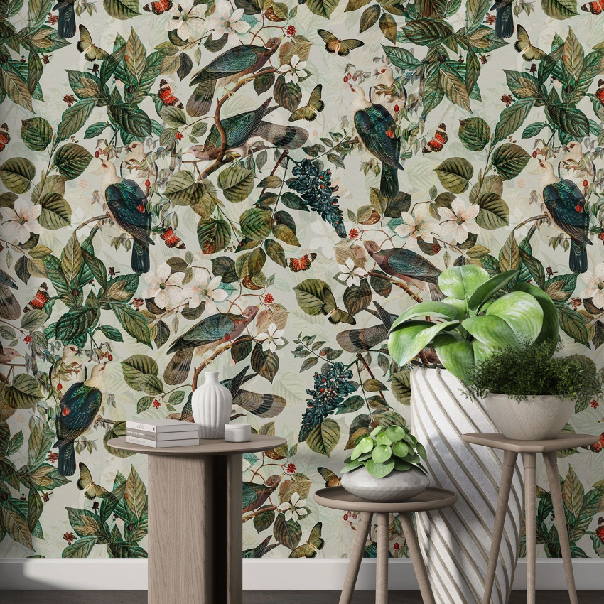 Papier peint motif XL - Fleurs Oiseaux