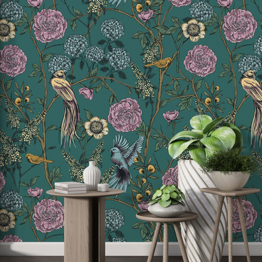 Papier peint motif XL - Fleurs Oiseaux