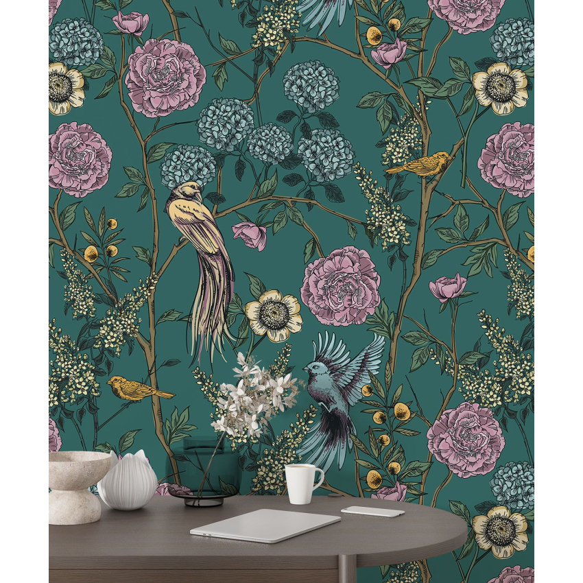 Papier peint motif XL - Fleurs Oiseaux