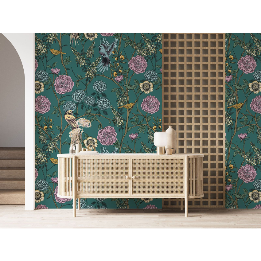 Papier peint motif XL - Fleurs Oiseaux