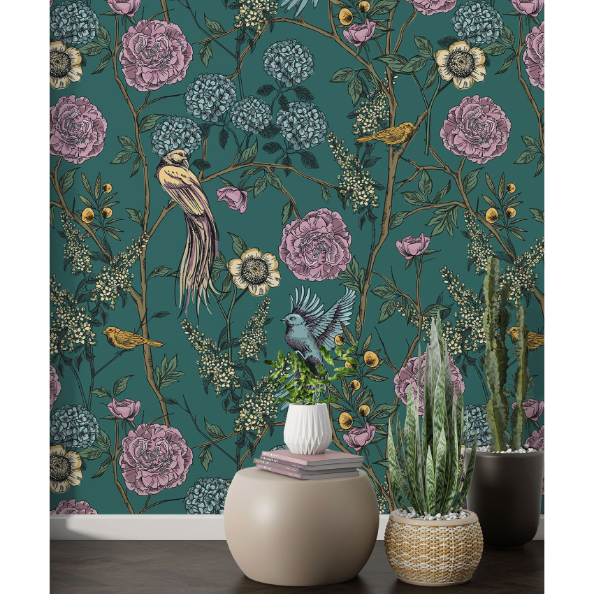 Papier peint motif XL - Fleurs Oiseaux