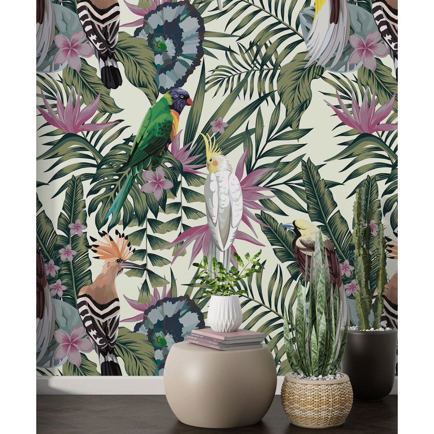 Papier peint motif XL - Fleurs oiseaux