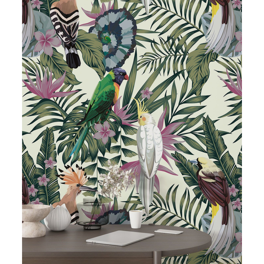 Papier peint motif XL - Fleurs oiseaux