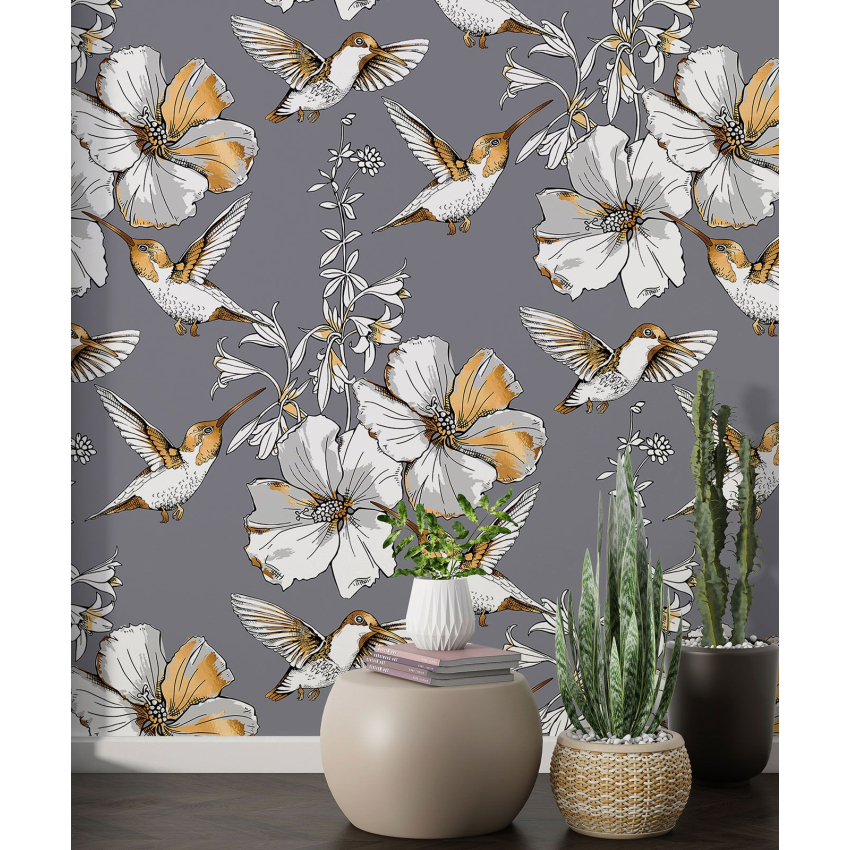 Papier peint motif XL - Fleurs Oiseaux
