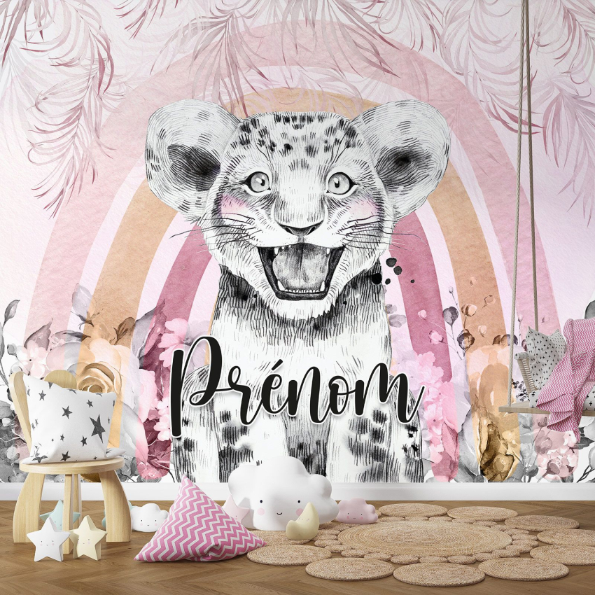 Papier peint panoramique enfant avec prénom personnalisable - Lion