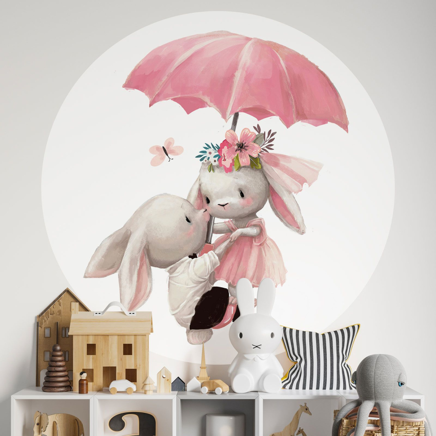 Papier peint rond / cercle Enfants - Lapins Parapluie