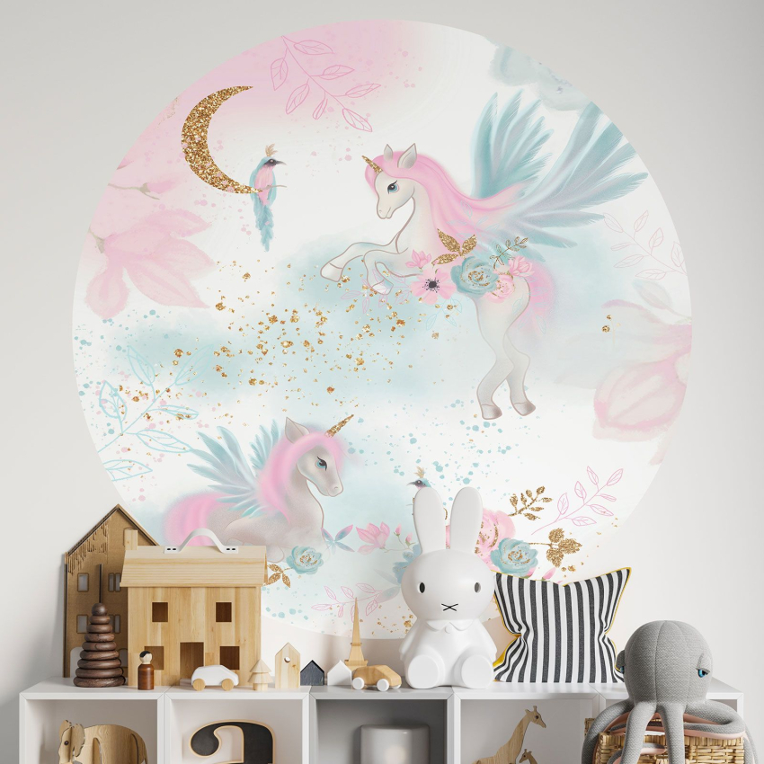 Papier peint rond / cercle Enfants - Licornes Paillettes