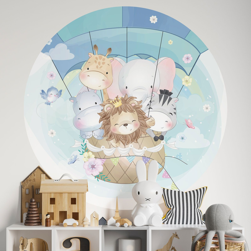 Papier peint rond / cercle Enfants - Montgolfière Animaux