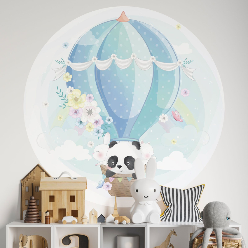 Papier peint rond / cercle Enfants - Panda Montgolfière