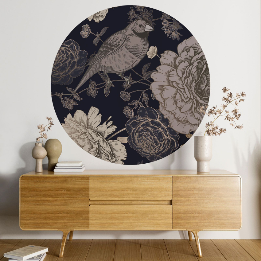 Papier peint rond / cercle - Fleurs Oiseau