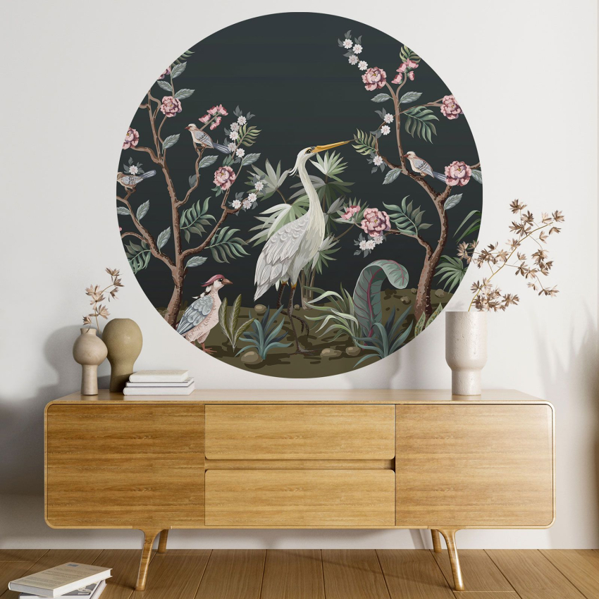 Papier peint rond / cercle - Fleurs Oiseaux