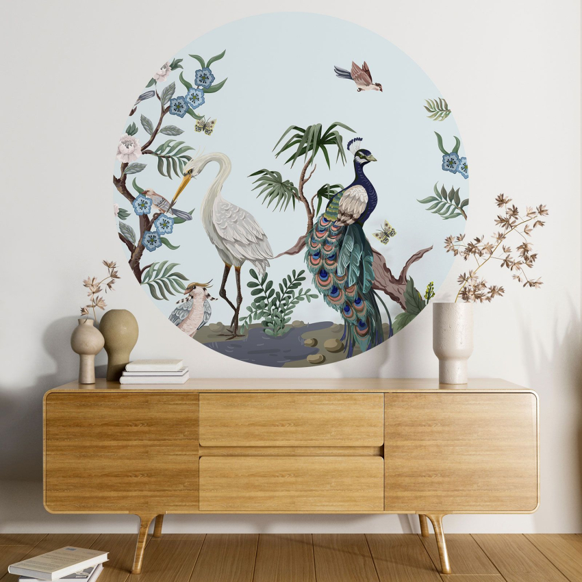 Papier peint rond / cercle - Fleurs Oiseaux