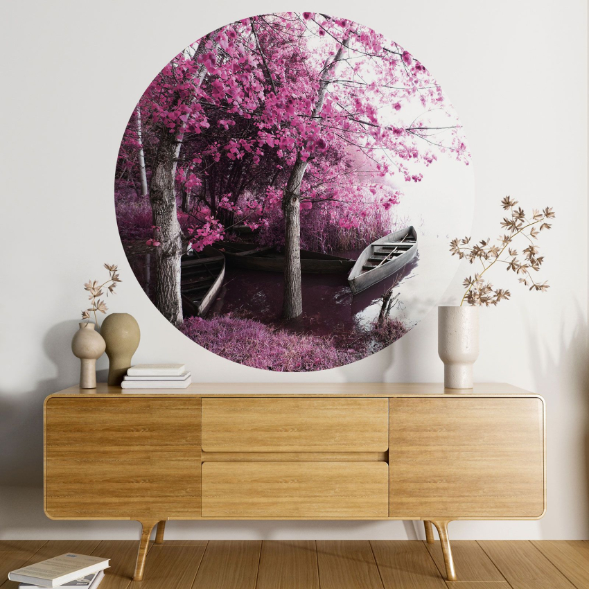 Papier peint rond / cercle - Lac Arbres