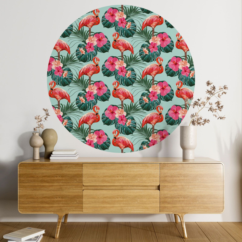 Papier peint rond / cercle - Motif Flamants Roses - 462