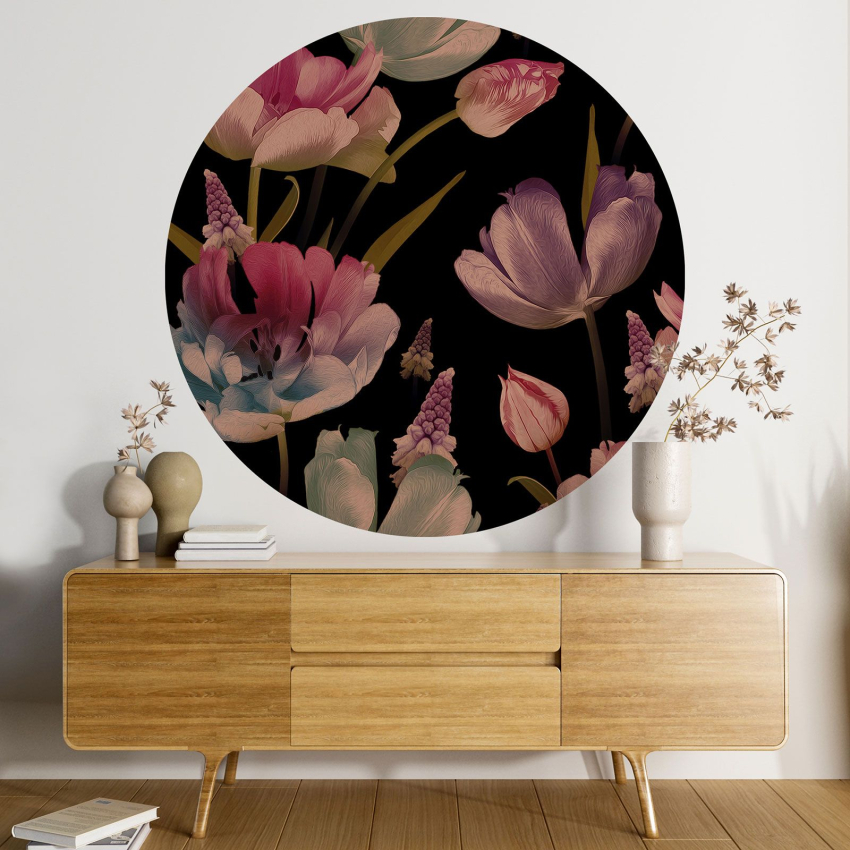 Papier peint rond / cercle - Motif floral