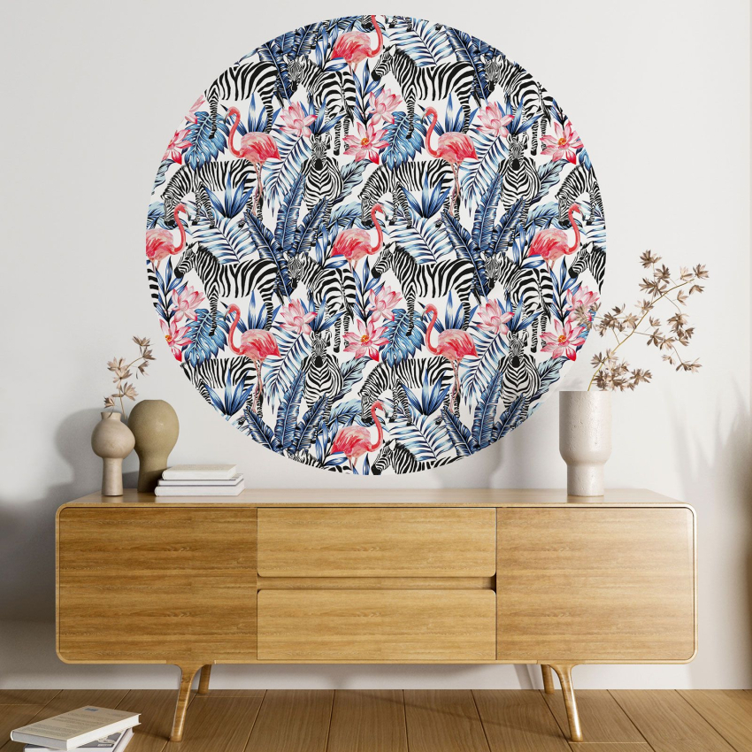 Papier peint rond / cercle - Zèbre et flamants roses