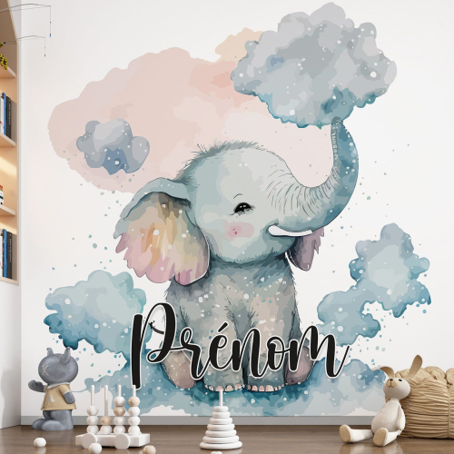 Papier peint enfant avec prénom personnalisable - Éléphant