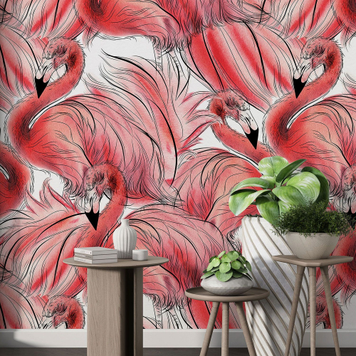 Papier peint motif XL - Flamants Roses
