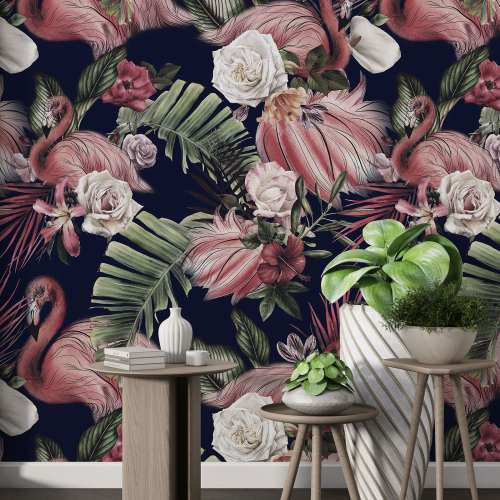 Papier peint motif XL - Flamants Roses