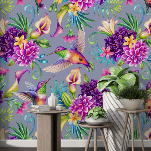 Papier peint motif XL - Fleurs Oiseaux
