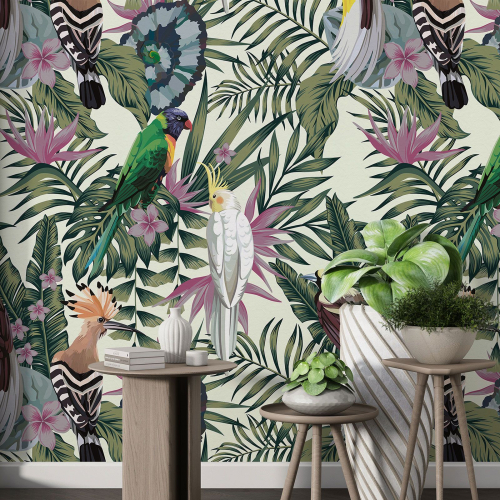 Papier peint motif XL - Fleurs oiseaux