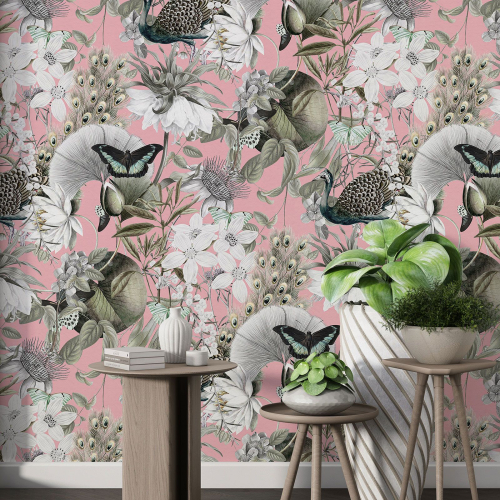 Papier peint motif XL - Fleurs Papillons