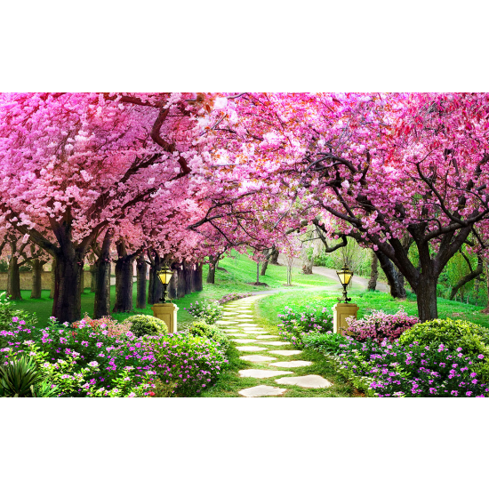Papier peint panoramique - Chemin feuilles roses