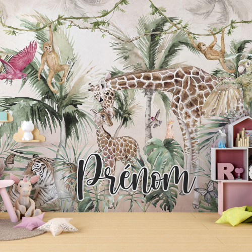 Papier peint panoramique enfant avec prénom personnalisable - Animaux de la Jungle