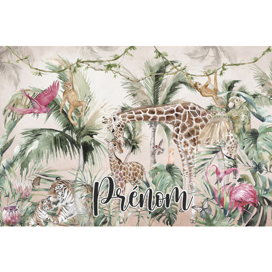 Papier peint panoramique enfant avec prénom personnalisable - Animaux de la Jungle