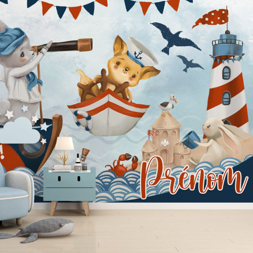 Papier peint panoramique enfant avec prénom personnalisable - Animaux Marins