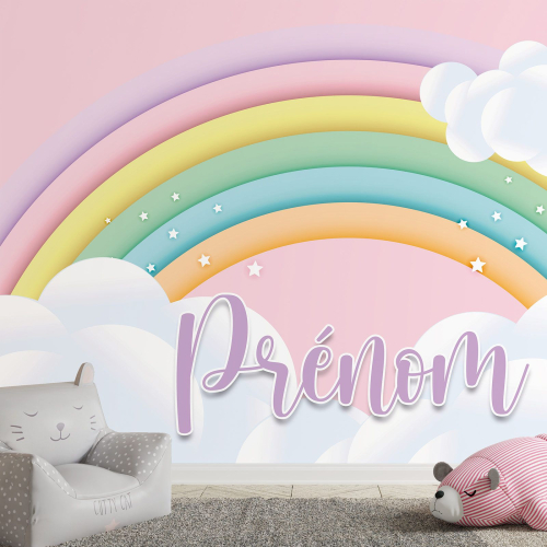 Papier peint panoramique enfant avec prénom personnalisable - Arc-en-ciel
