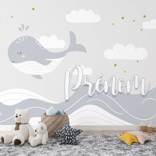 Papier peint panoramique enfant avec prénom personnalisable - Baleine