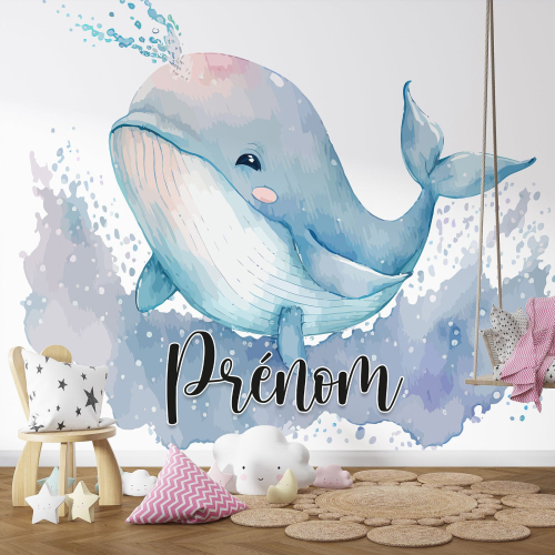 Papier peint panoramique enfant avec prénom personnalisable - Baleine