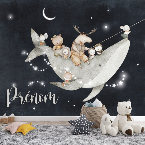 Papier peint panoramique enfant avec prénom personnalisable - Baleine Animaux