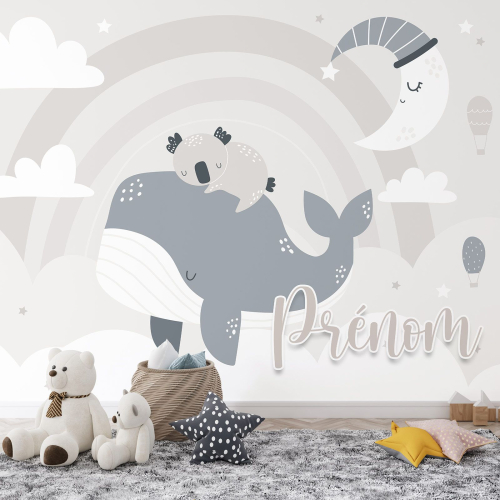 Papier peint panoramique enfant avec prénom personnalisable - Baleine Koala