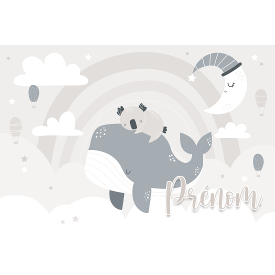 Papier peint panoramique enfant avec prénom personnalisable - Baleine Koala