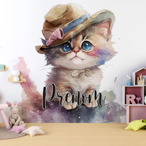 Papier peint panoramique enfant avec prénom personnalisable - Chaton Chapeau