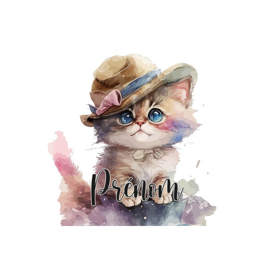 Papier peint panoramique enfant avec prénom personnalisable - Chaton Chapeau