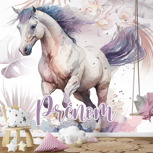 Papier peint panoramique enfant avec prénom personnalisable - Cheval