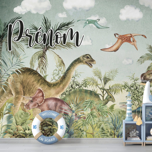 Papier peint panoramique enfant avec prénom personnalisable - Dinosaures