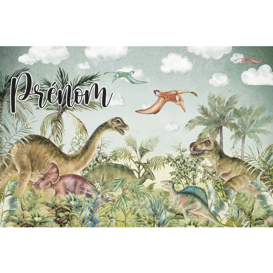 Papier peint panoramique enfant avec prénom personnalisable - Dinosaures