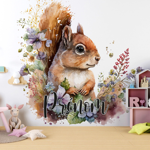 Papier peint panoramique enfant avec prénom personnalisable - Écureuil