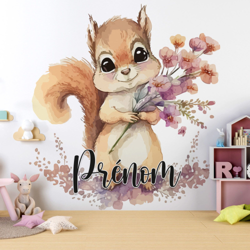 Papier peint panoramique enfant avec prénom personnalisable - Écureuil