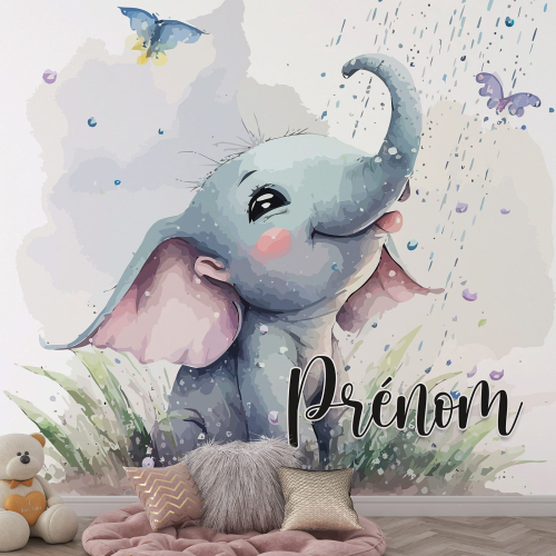 Papier peint panoramique enfant avec prénom personnalisable - Éléphanteau