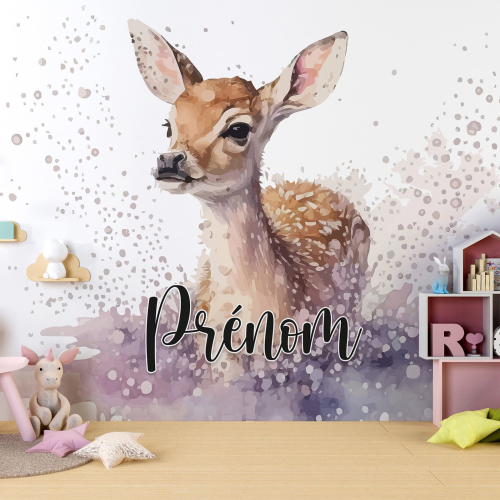 Papier peint panoramique enfant avec prénom personnalisable - Faon