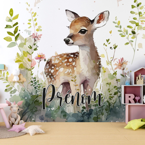 Papier peint panoramique enfant avec prénom personnalisable - Faon