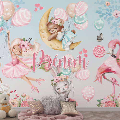 Papier peint panoramique enfant avec prénom personnalisable - Féerique